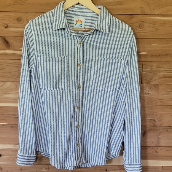 C & C California White & Blue Striped Button-Down Top, Size M, Soft - Picture 1 of 7